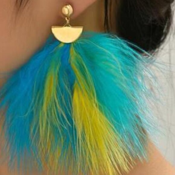 Tickled In Blue and Yellow Women’s Feather Drop Earrings - Picture 5 of 9